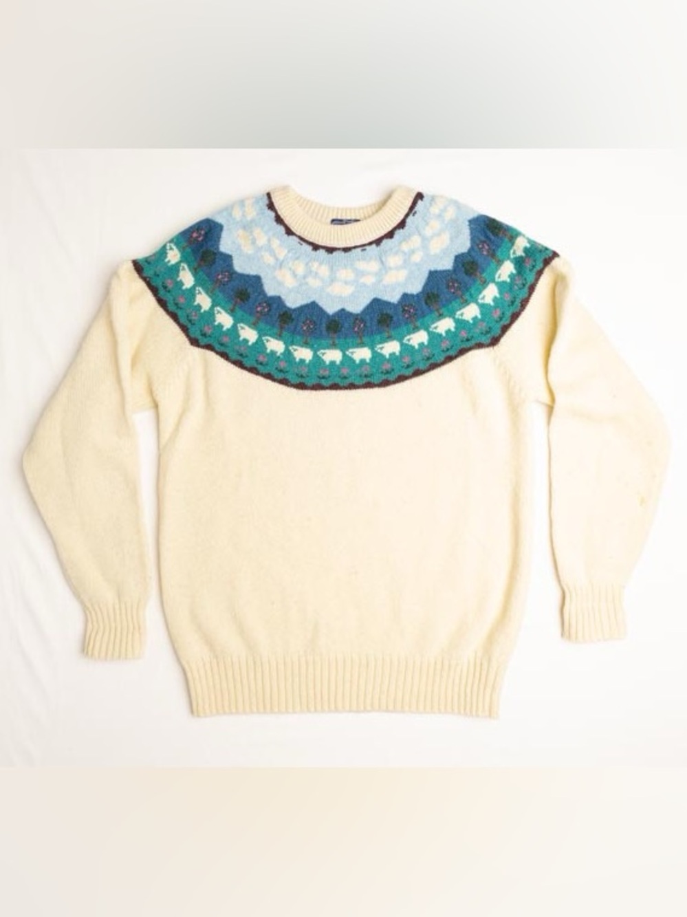 Vintage 80s Woolrich Sheep Farm Sweater Knit Cream Cottagecore Size L Fair Isle
